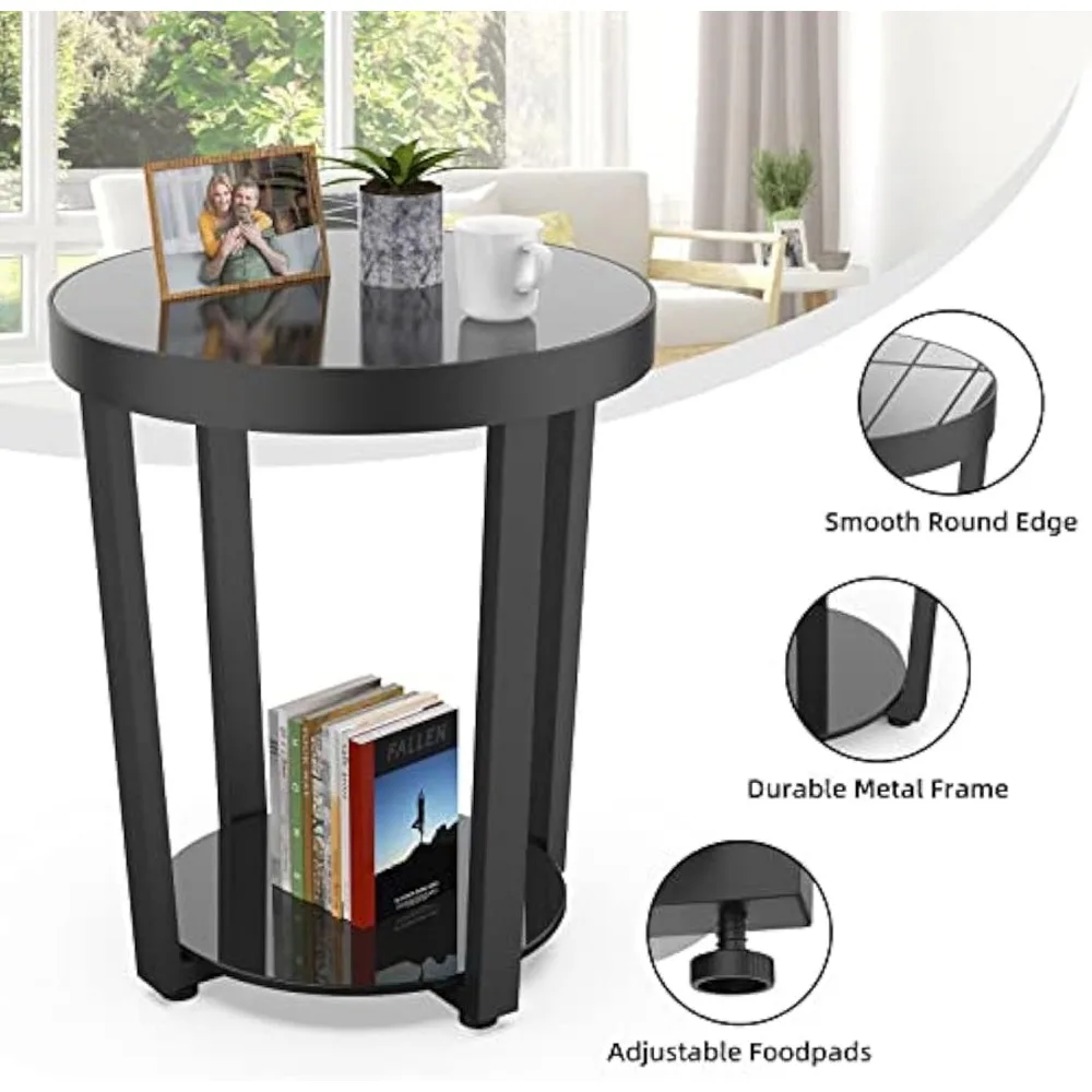 Round End Table, Tempered Glass End Table with Metal Frame, Small Coffee Table, Black Sofa Side Table for Living Room, Balcony 5