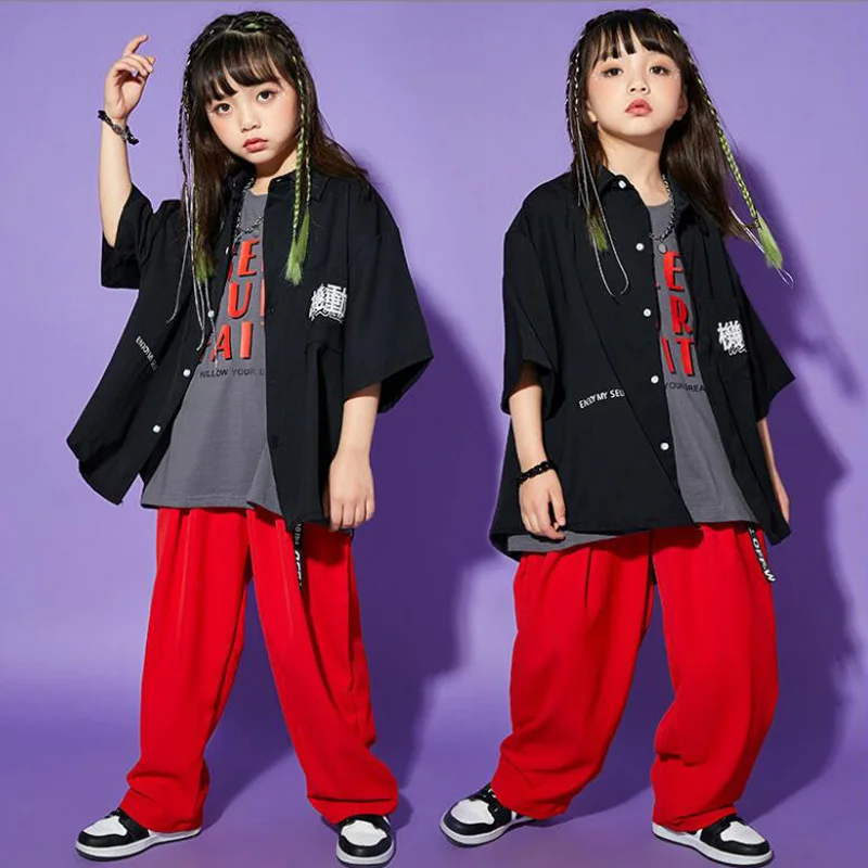 

Детская одежда в стиле хип-хоп, черная рубашка с коротким рукавом, повседневные уличные мешковатые брюки для девочек и мальчиков, костюм для джазовых танцев, одежда, наряды в стиле K-POP