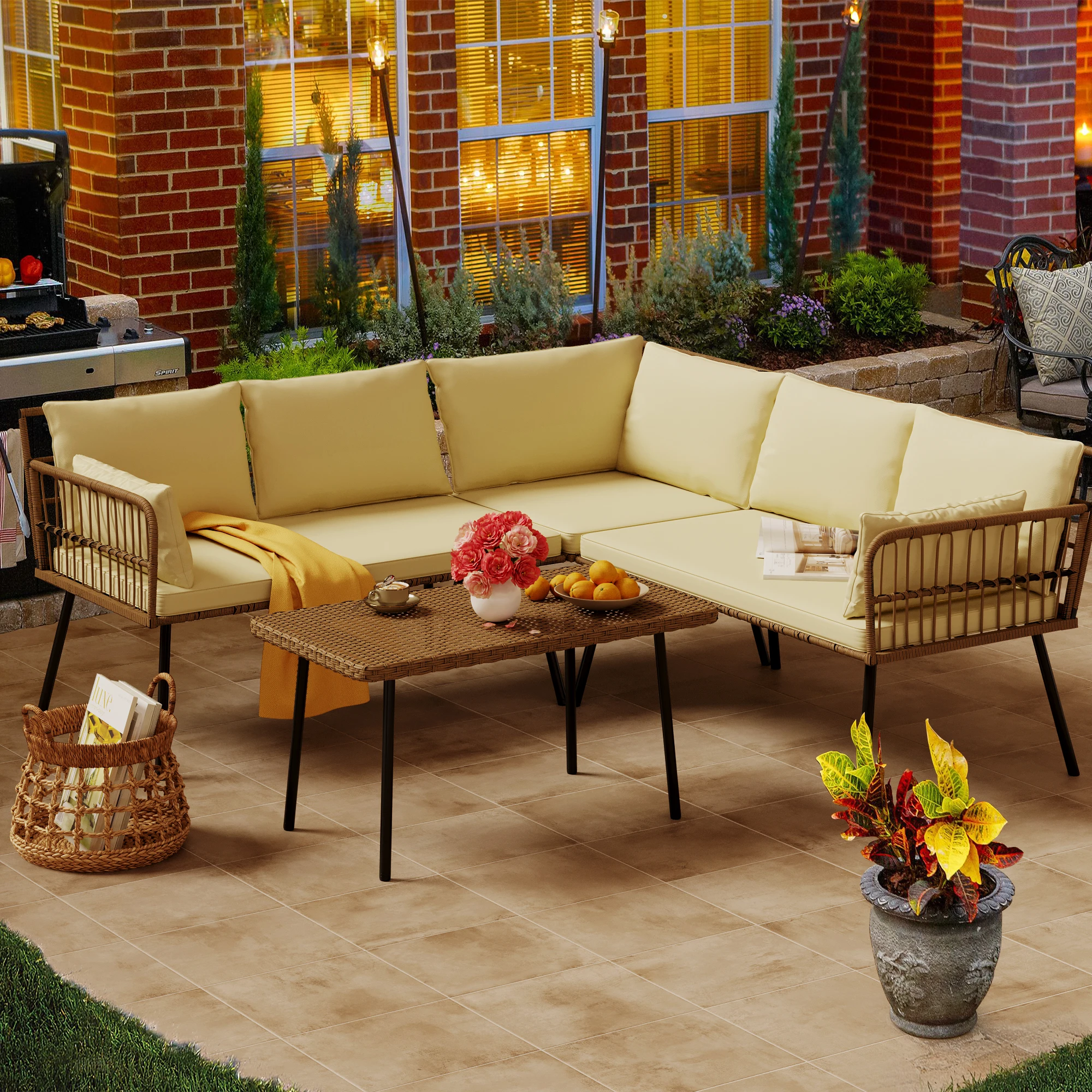 4 Pieces Patio L-Shaped Sofa Furniture Set Rattan Woven Patio Conversation Set