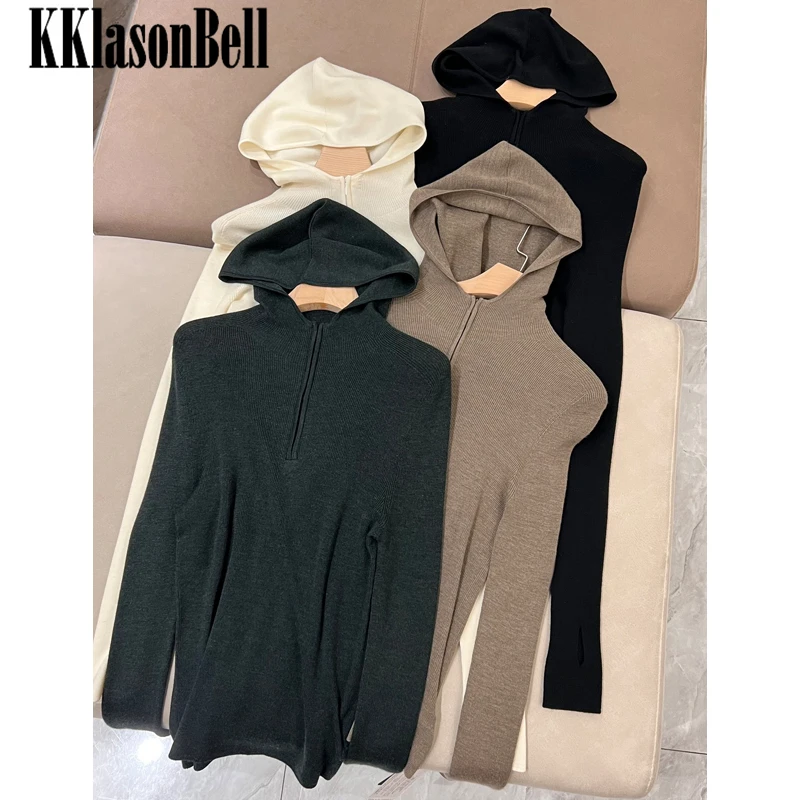 

12.20 KKlasonBell 100% Wool Seamless Hooded Half Zipper Long Sleeve Slim Knitted Pullover Sweater Women