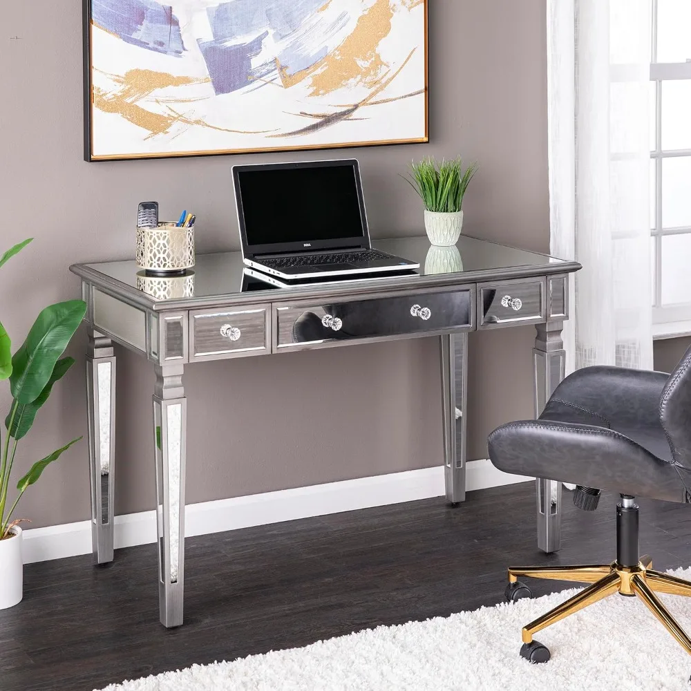 

Computer Desk with Ample Storage, Locking Keyboard Tray, Crystal Embellished Knob, Mirrored Workstation and Vanity, Writing Desk