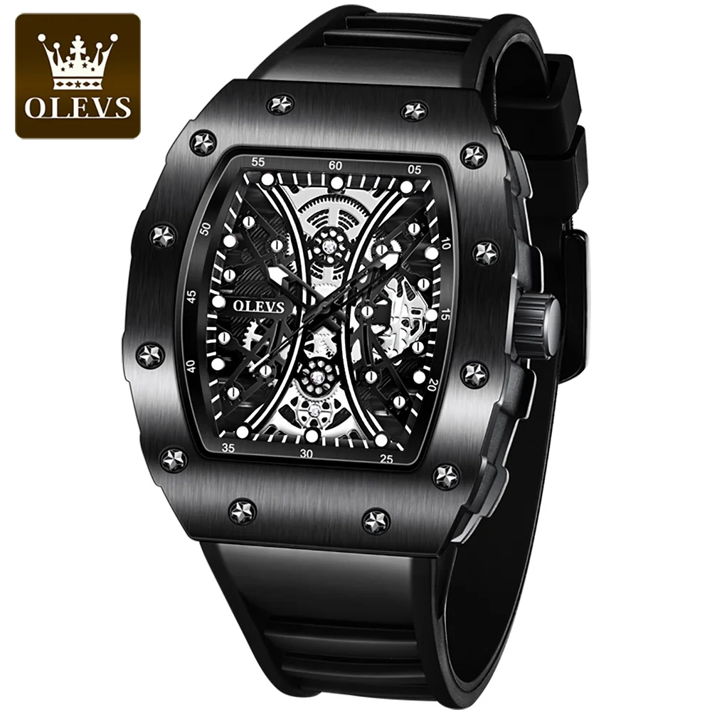 

OLEVS Top Brand Fashion Tonneau Quartz Watch for Men Black Rubber Strap Skeleton Design Sports Mens Watches Relogio Masculino