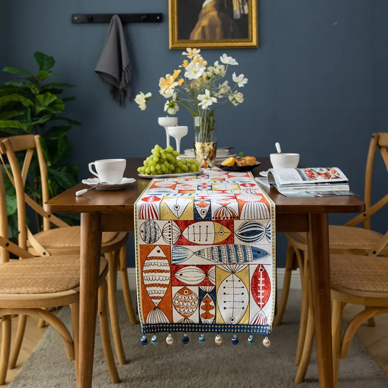 Retro Fish Table Runner Chenille Tassel Table Flags Nordic Pattern Runners Home Decorative Cloth for Dining Room