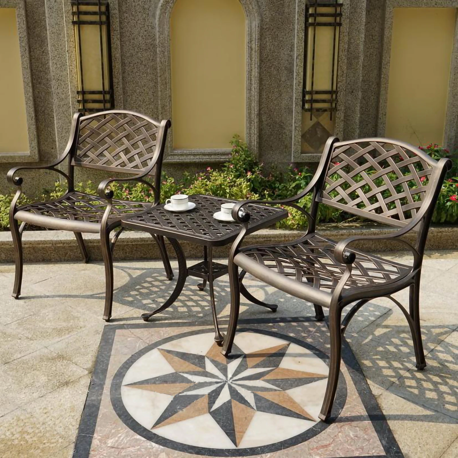 Bistro Set 3piece Gird Pattern Cast Aluminum All Weather Outdoor Chair