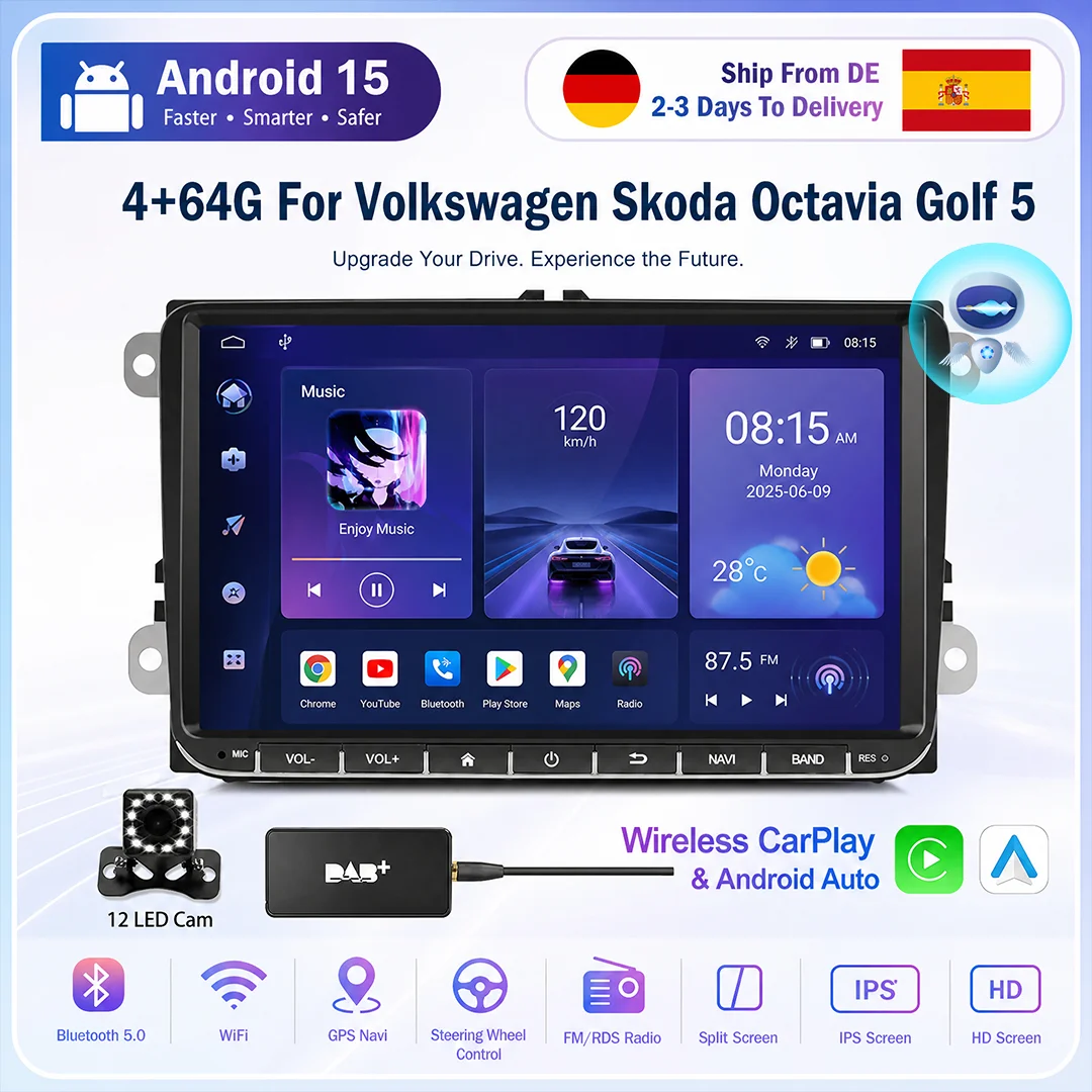 ESSGOO Radio de coche Android 15 con Carplay para Volkswagen Passat b6 b7 Golf 5 6 Polo Jetta Skoda, reproductor multimedia para coche con GPS, WiFi y RDS 1