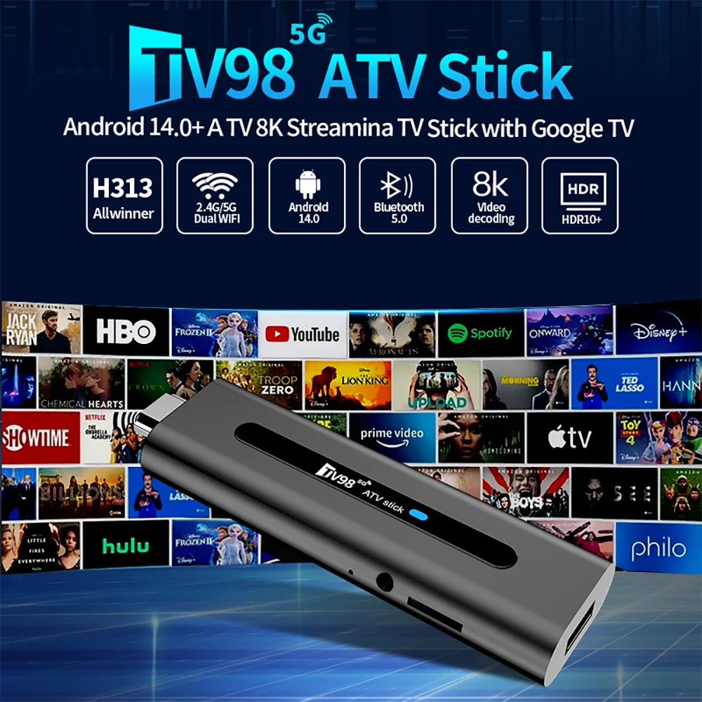 S0d2f07a46cf44cdbbbb885076b4e59f6R TV98 ATV Stick Android 14 BT 5.0 Allwinner H313 4Core 4G 5G Dual WiFi Voice Remote HD 8K 4K @60fps TV stick 8GB 128GB iptv