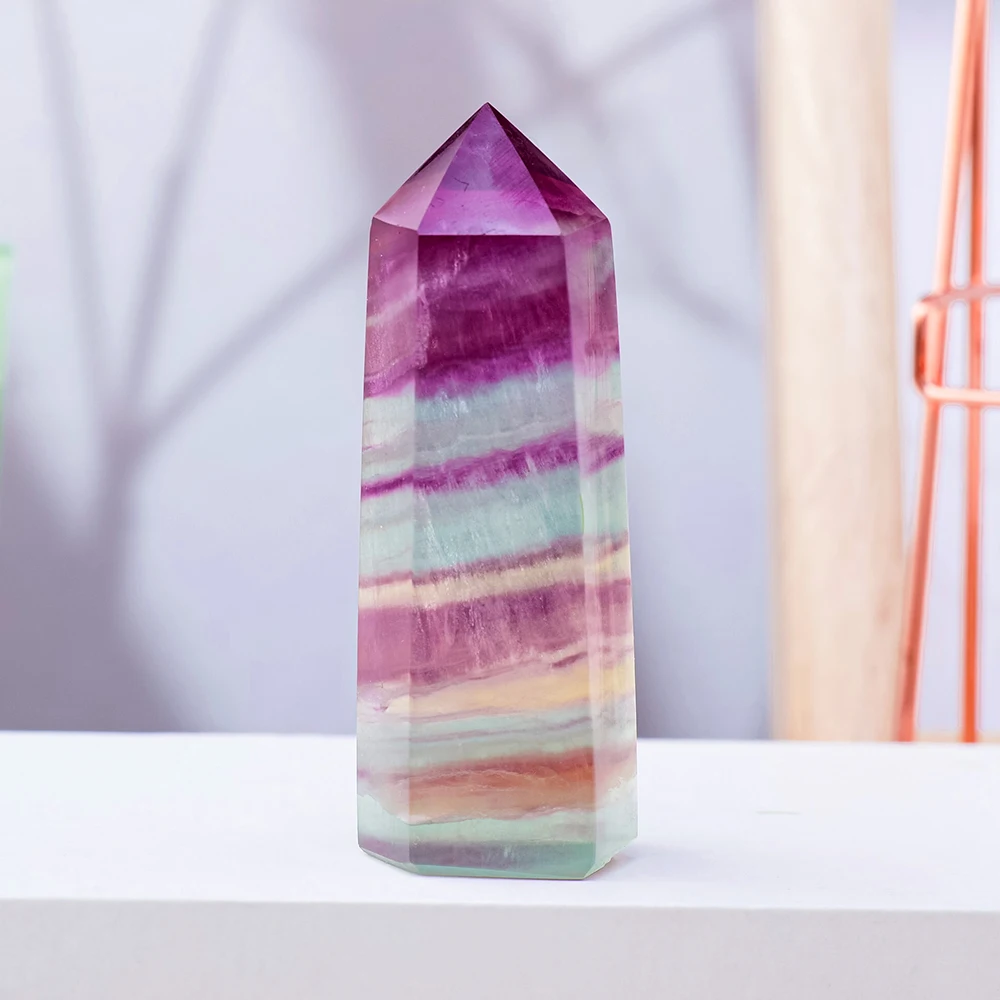 Natural Coloful Watermelon Fluorite Hexagonal Column Magic Point Crystal Tower Ornament for Home Decor Pyramid 6