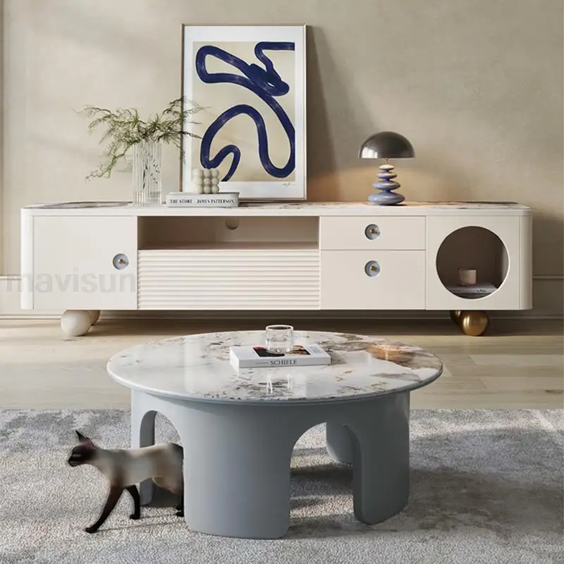 

White Television Cabinet For Living Room Rock Panel Countertop Gold Stainless Steel Ball Feet TV Stands With Solid Wood Drawers