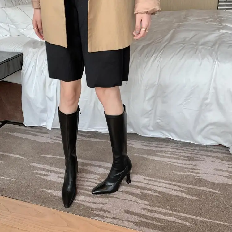 Fashion Sexy High heeled pointed boots Knee High Boots Women Pointed Toe Black Beige White Leather Boots Ladies Winter Shoes