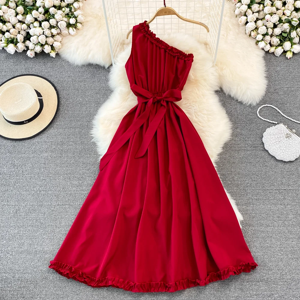 

Облегающее летнее пикантное платье с диагональным воротником и оборками, женское длинное платье на одно плечо, Повседневная элегантная пляжная туника, платья