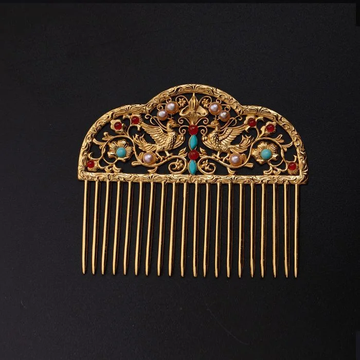 Hanfu Accessories Copper Gold-plated Tang-made Bun Hair Comb Mantingfang Headgear Jewelry for Family Gifts