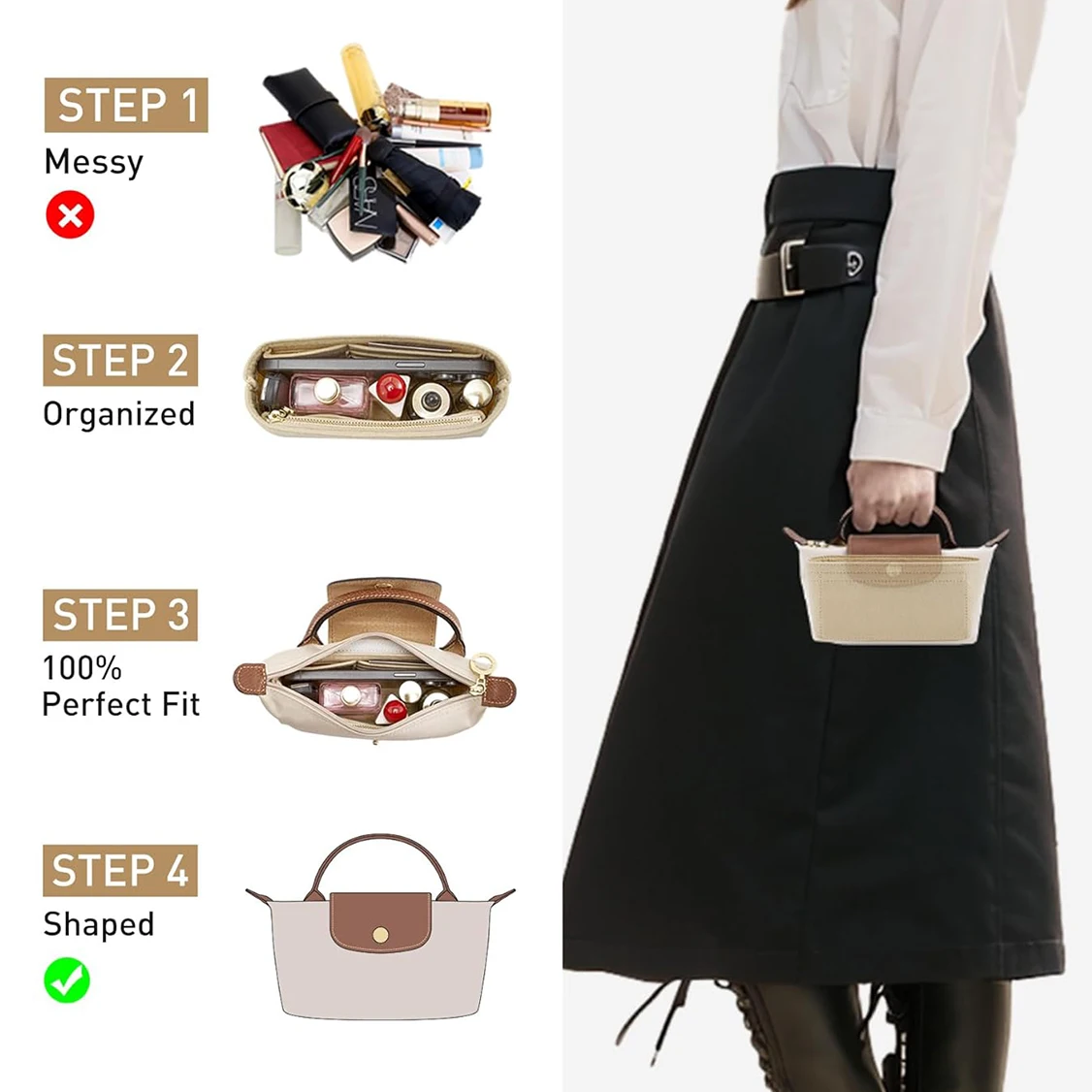 Organizer per Borsa Longchamp Small Tote Bag Timid, Inserto Interno per Organizzazione e Conservazione, Adatto per Dimensioni Mini - immagine 2