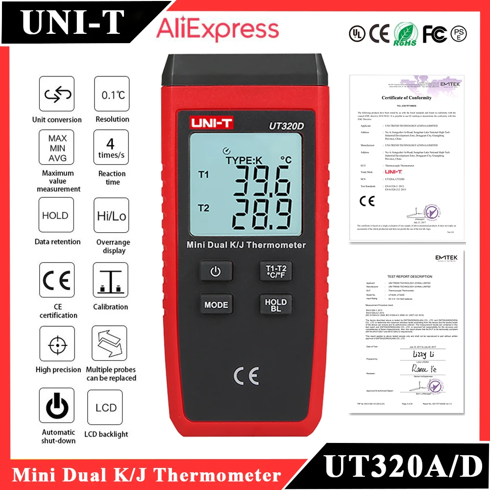 

Цифровой термометр UNI-T UT320A UT320D, миниатюрный термометр с двойной термопарой типа K/J, измеритель высоких температур от-50 ℃ до 1200 ℃