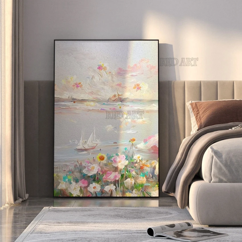 

Modern Hand Painted Palette Knife Art Abstract Flowers Oil Painting Lake Scenery Canvas Wall Picture Art No Framed Murals Pieces