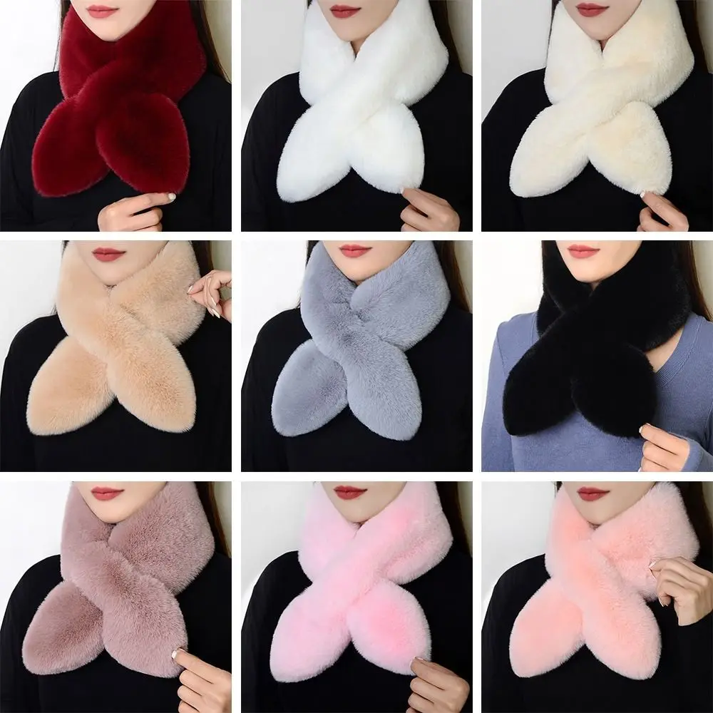 

Faux Rabbit Fur Plush Cross Scarf Cute Solid Color Thicken Neck Scarf Neckerchief Wrap Women