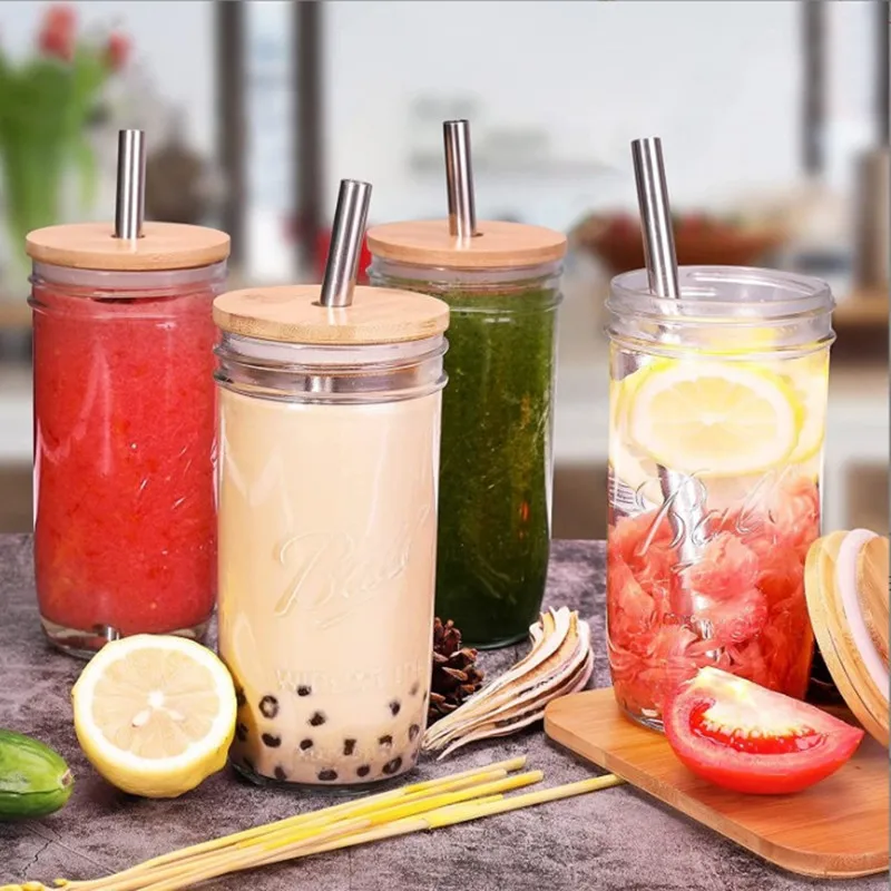 750ML Drinking Cup Bubble Tea Glass Cup With Bamboo Lid Reusable Glass Boba  Smoothie Cup With Stainless Steel Straw Cup ZC206