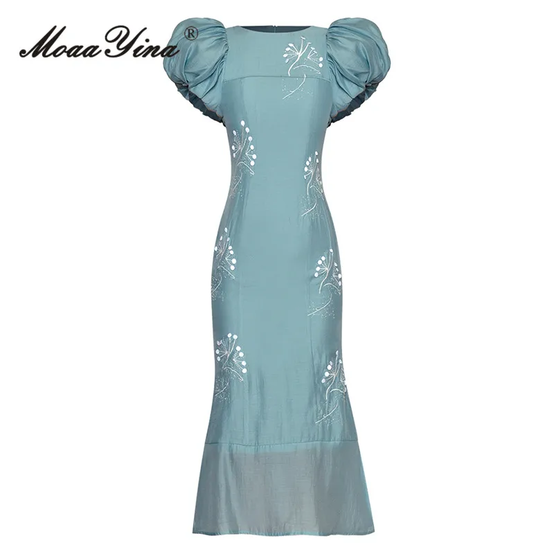 

MoaaYina Fashion Runway dress Summer Women Dress Sky Blue O-Neck Puff Sleeve Sequins Beading Buttock Covering Fishtail Dress