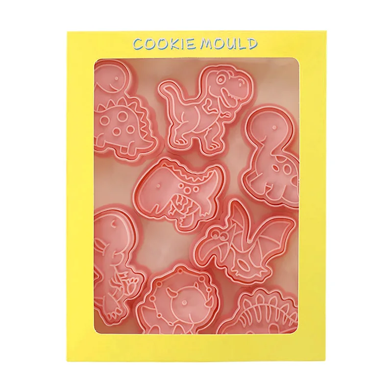 8Pcs/set Cartoon Dinosaur Cookie Cutters 3D Plastic Pressable Biscuit Mold Cookie Stamp Kitchen Baking Pastry Bakeware Tool cookie cutter baking mold cookie mould
