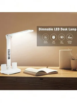 1 Double-Head Pen Holder Desk Lamp, White Light With Three Levels Of Brightness Adjustment, Time Display, USB Plug, Suitable For 6