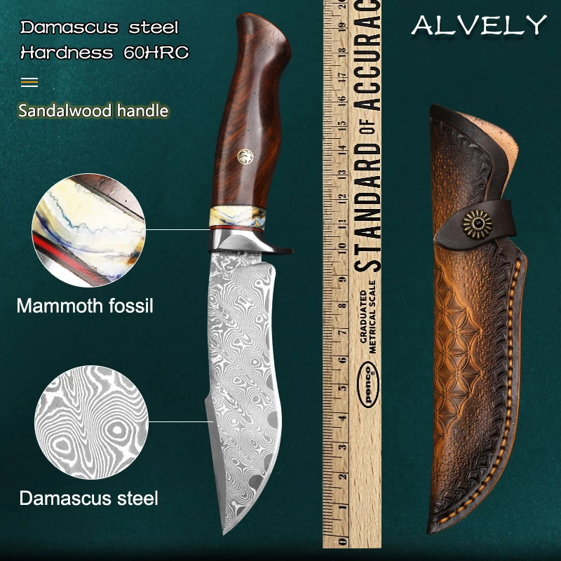 Damascus Steel Blade Tactical Straight Knife Ebony Handle Camping