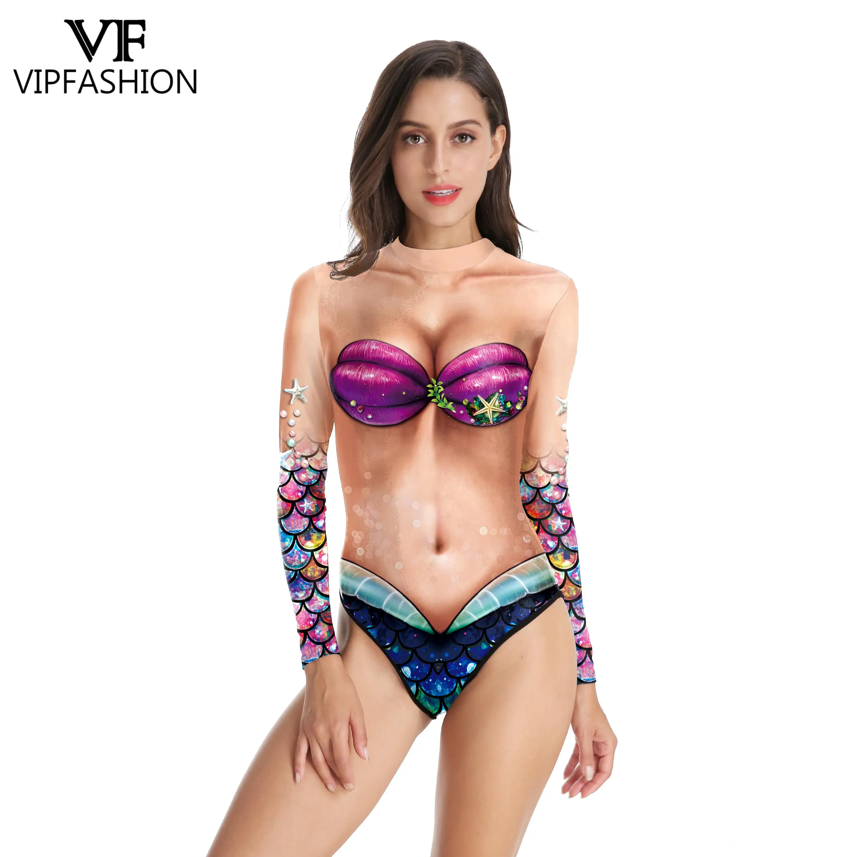 VIP FASHION Womens Mermaid Costumes Fish Scales Shell Bodysuit 3D Print Sexy Swimsuit Long Sleeve Cosplay Outfit Swimwear cosplay costume