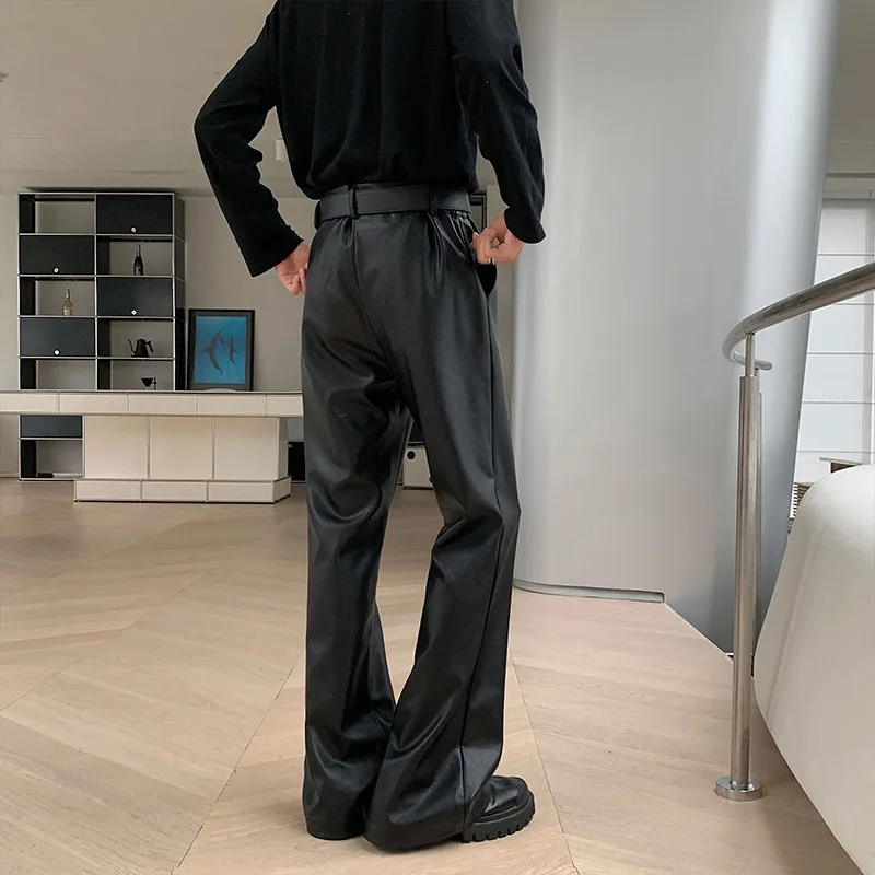 Men's Korean Streetwear Fashion Vintage Loose Causal Leather Micro Flared Pants Man American Style High Street Trousers