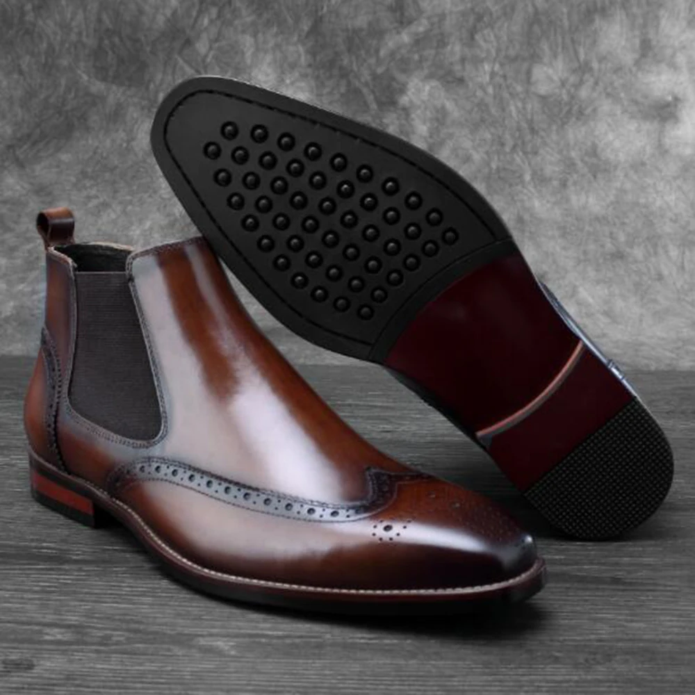 Mens Genuine Leather Brogue Chelsea Boots, Business Casual Ankle Boots