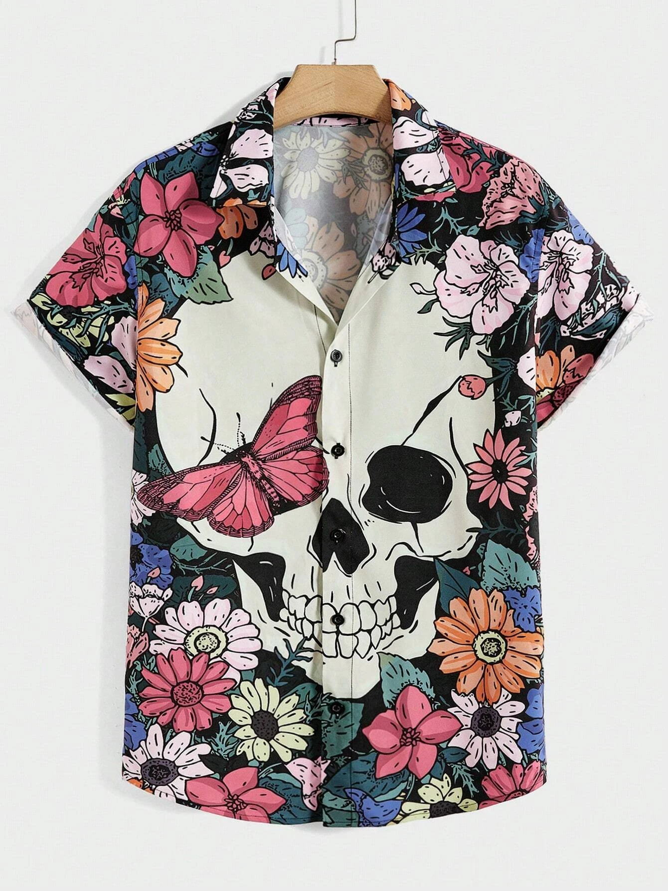 Men's Casual Skull Floral Print Women's Short-sleeved Button Tops