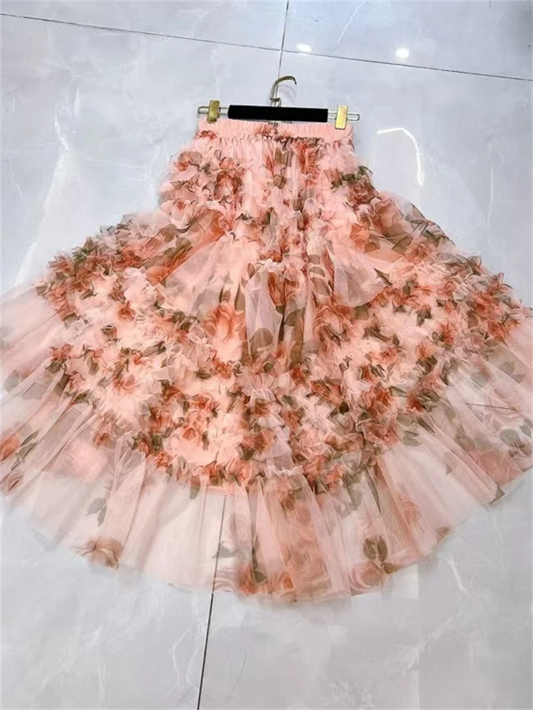 French Style Holiday Ruffle Irregular Midi Long Party Skirt Ball Gown Multi Layer Mesh Fashion Gauze Tutu Elegant Vintage Skirts