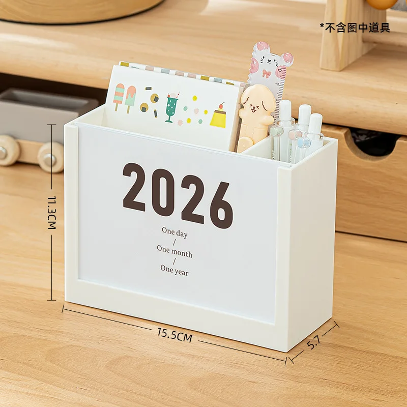 2025 & 2026 Productivity Calendar Stand Multifunctional Desk Organizer with Storage Box Cute Pen Holder for Home Office Decor