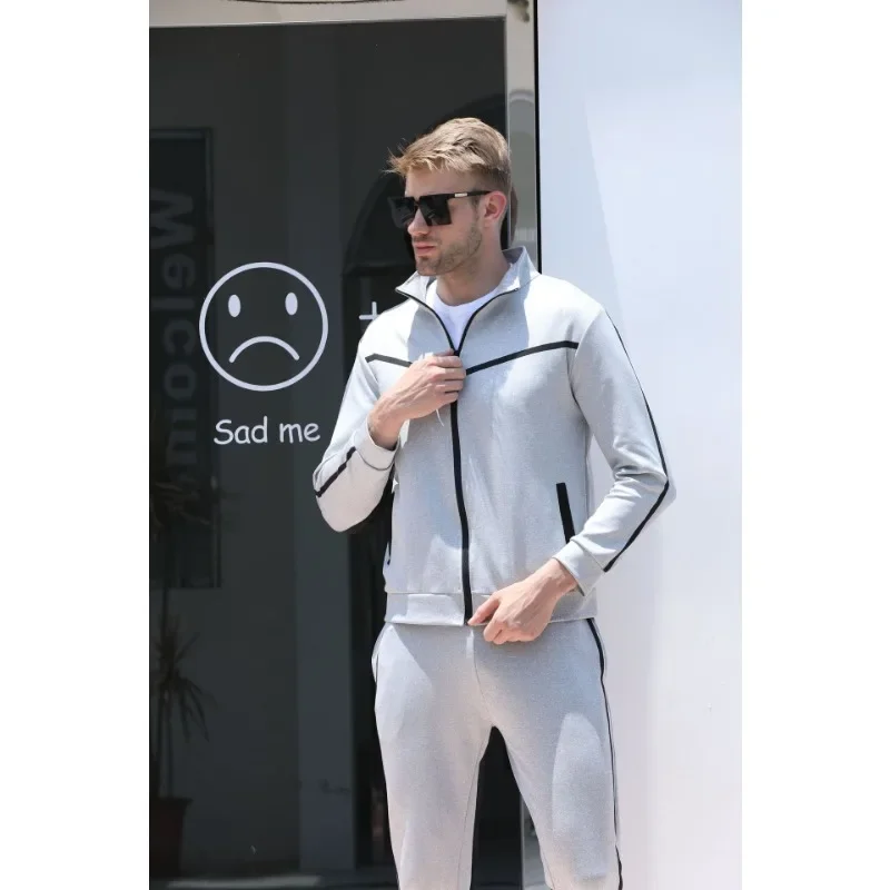 Men's Clothing Zipper Suit Men's New Color Matching Cardigan Stand Collar Sweater Suit Youth Fashion Casual Sports Set