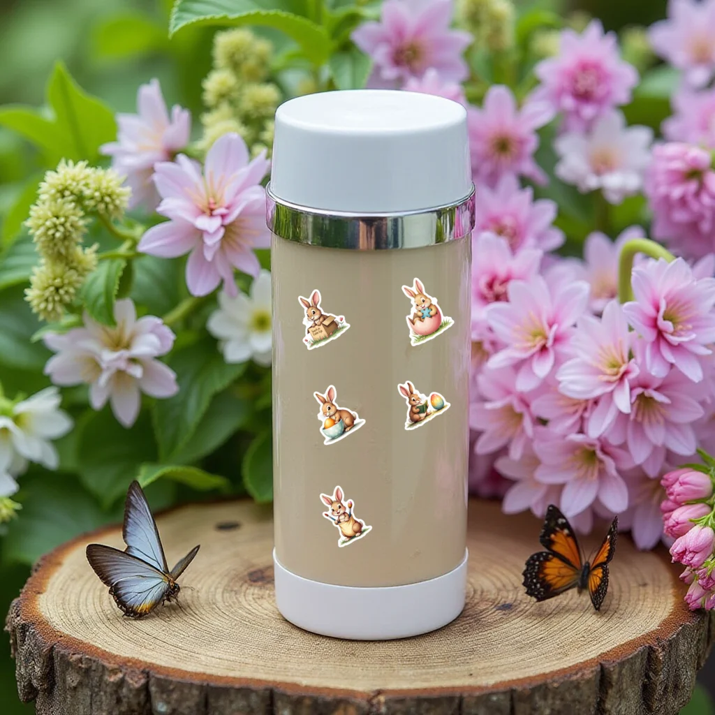 50pcs Happly Easter Stickers Cartoon Rabbit Holiday Spring Animal Stickers for Water Bottle Laptop Scrapbook Kids Decor