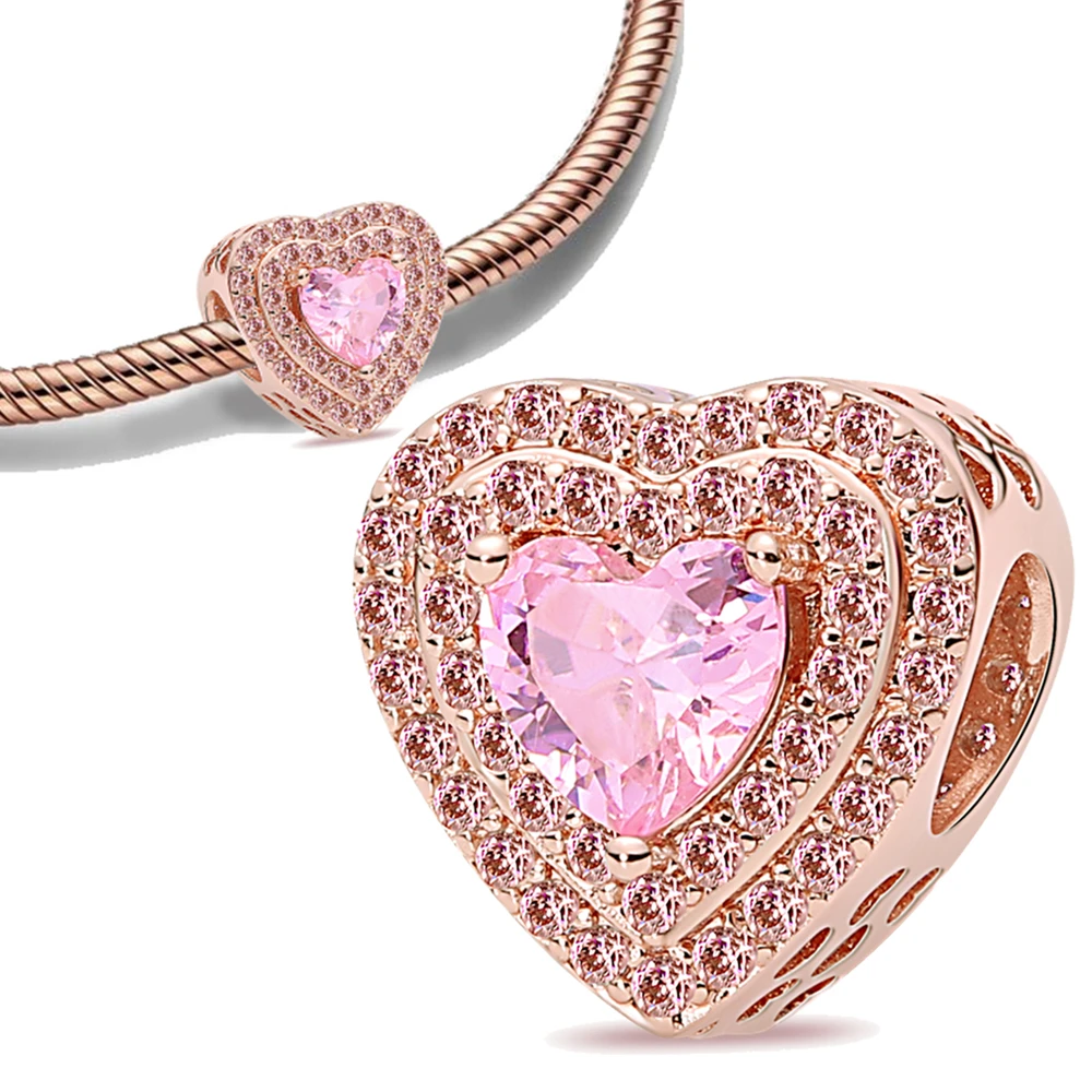 Rose Gold Heart Shape Silver Colour Charm for Women Festival Jewelry Gift Fit DIY Bracelet Necklace Chrams