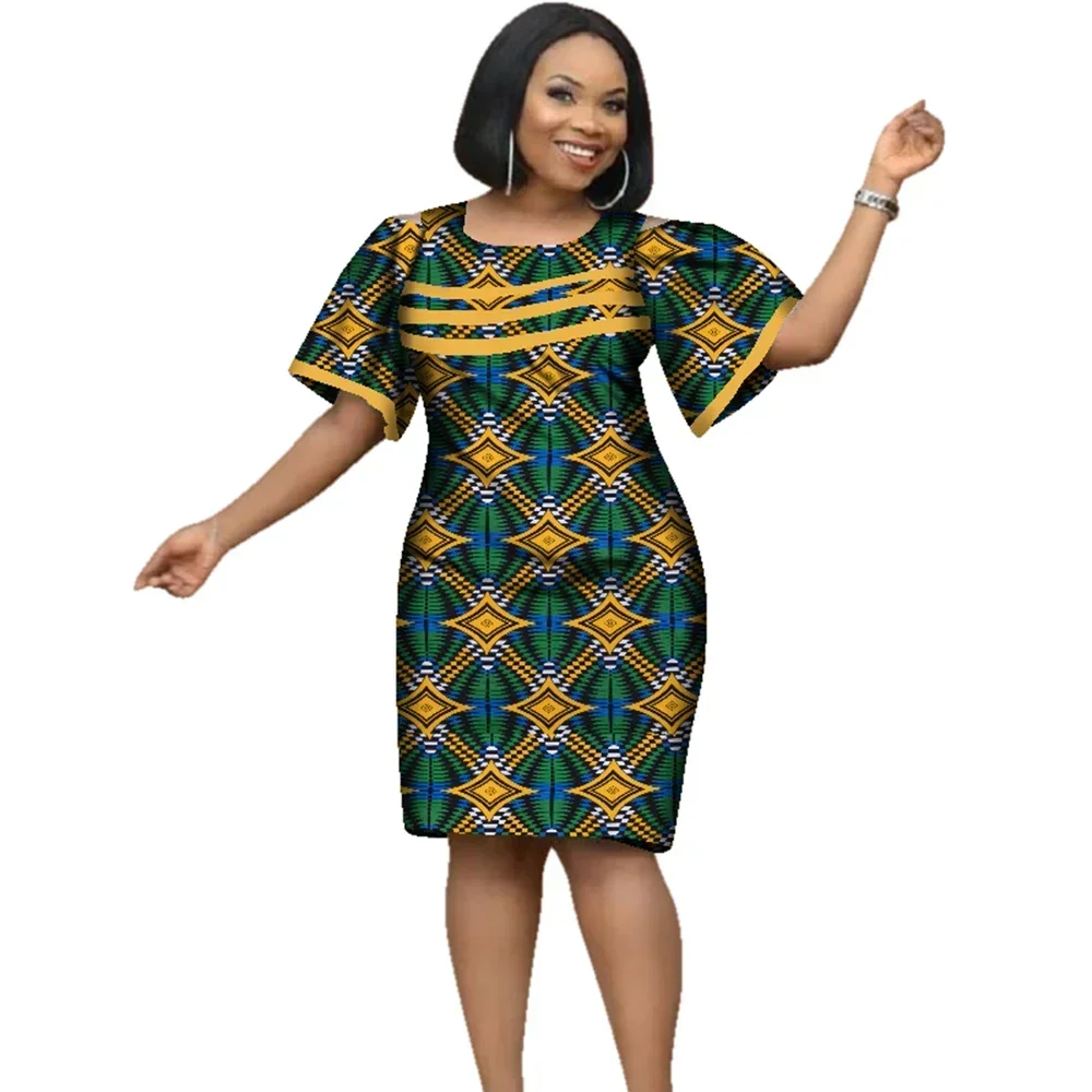 African Dresses for Women African Cotton Wax Print Dresses Dashiki Women Short Sleeve O-neck Office Pencil Dress WY2353