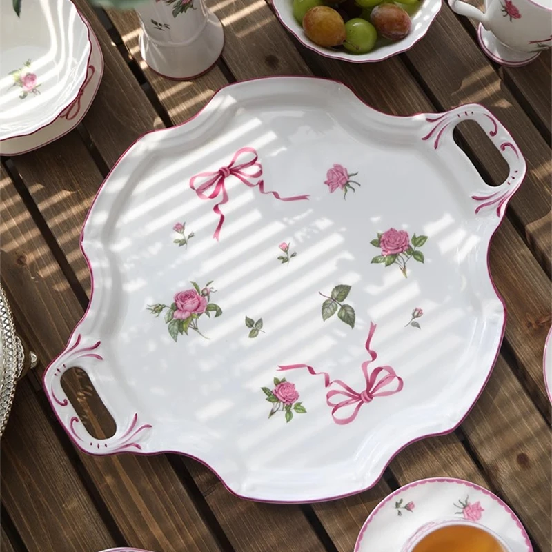 Ceramic Tableware Set Retro Rose Bone China Coffee Cup Saucer Dessert Plate Bowl Teapot Pink Bow Elegant Afternoon Tea Set