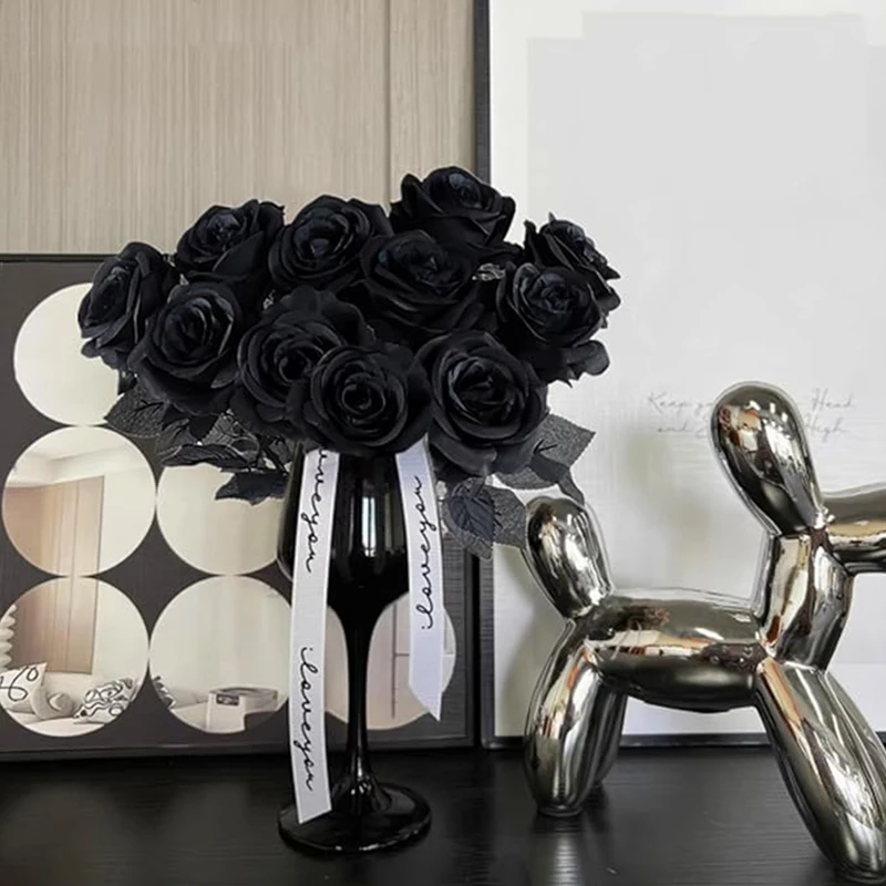 10 black rose faux flowers with stem silk flowers bridal Gothic wedding bouquet suitable for home office hotel decor