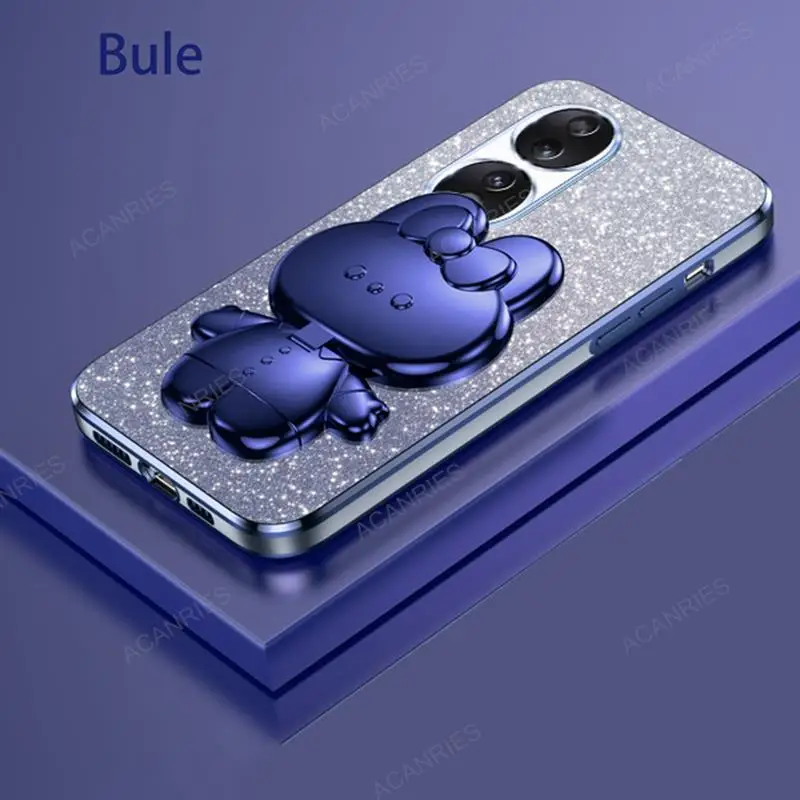 Cute 3D Rabbit Makeup Mirror Stand Plating Soft Phone Case - Protective Back Cover