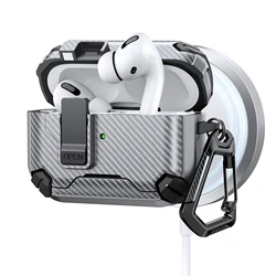 Carbon Fiber Headphone Case with Holder - Fashionable Earphone Protector for Wireless Charging Box (Gray)