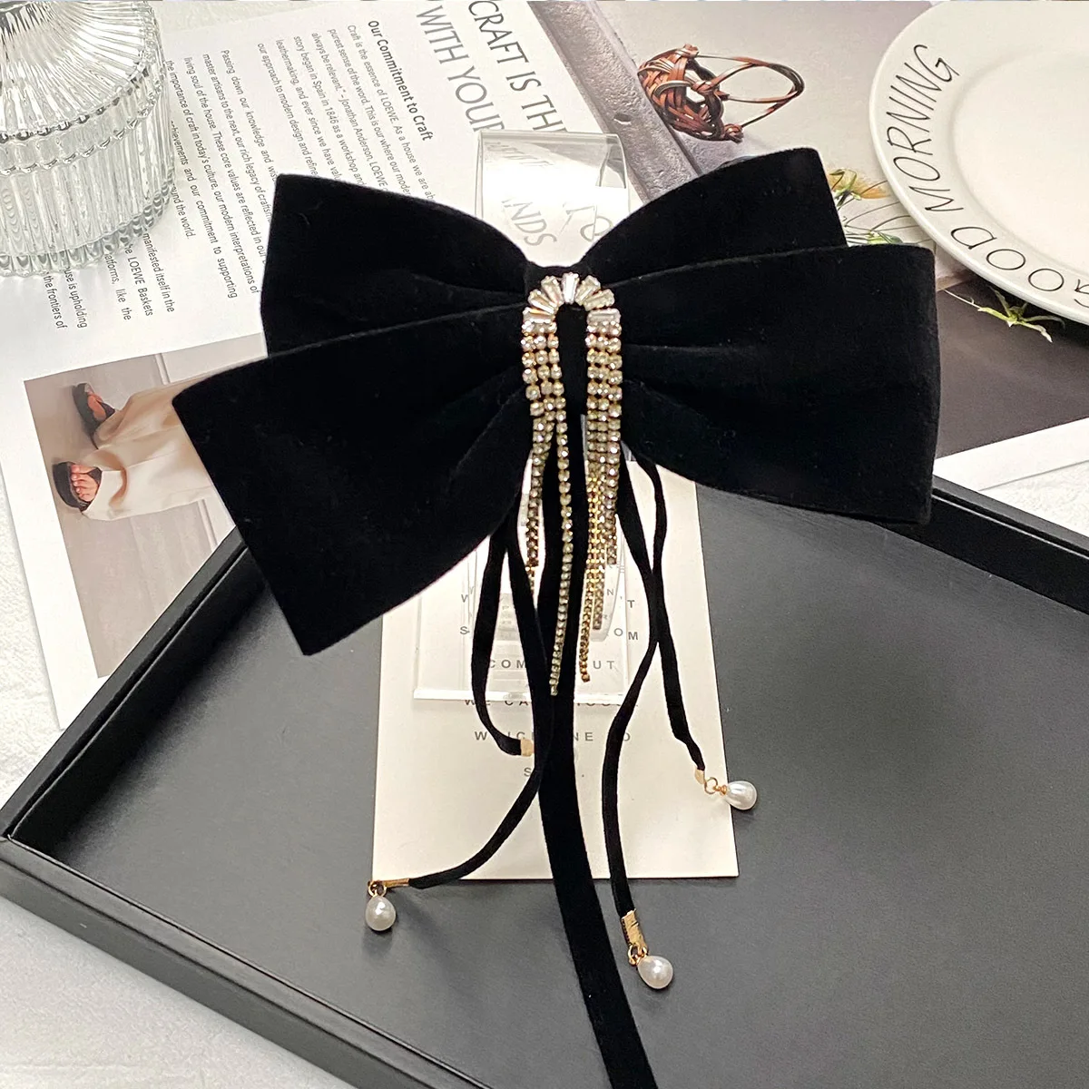 New Velvet Bow Hair Clips Women Large Crystal Rhinestone Tassel Hair Pin Bride Engagement Headwear Jewelry Hair Accessories Girl ta mingren classic velvet circle ribbon gift pu leather round packaging gift box for jewelry round leather box