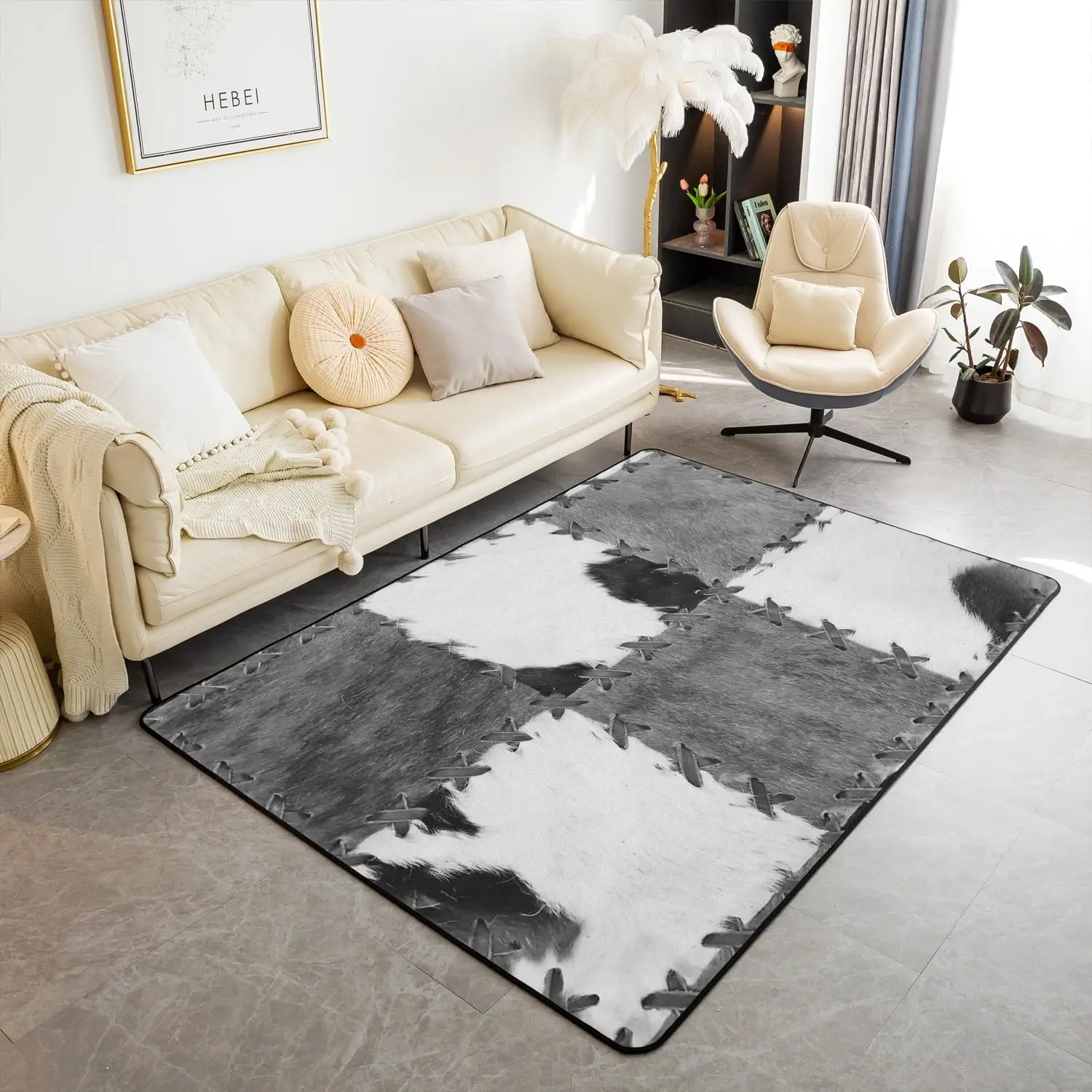 Western Cowhide Area Rug Cow Fur Print Rug Rustic Farm Animal Carpet for Boys Girl Cowboy Non Slip Door Mat Sofa Table Floor Rug