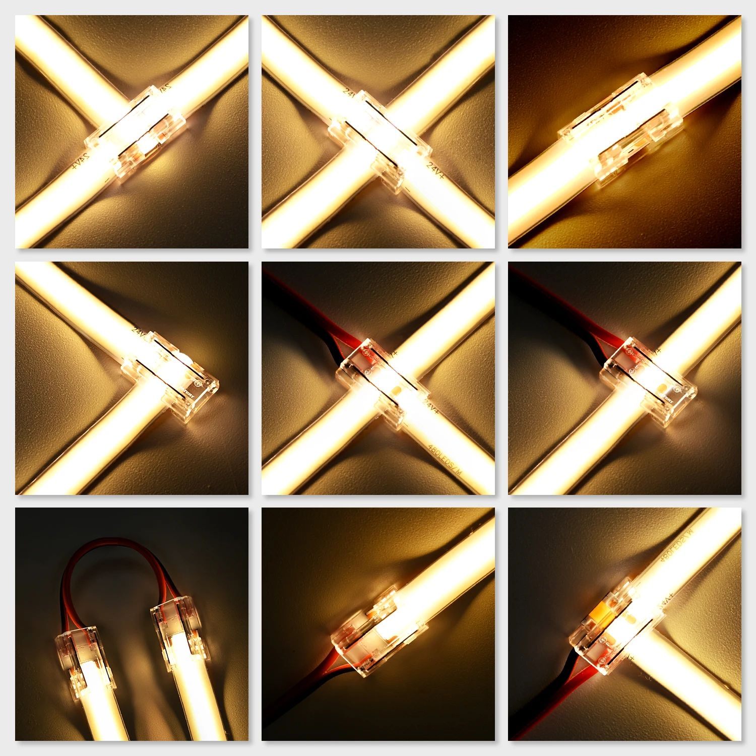 LED Connector Solderless 9 in 1 Transparent Connectors DIY L T X Shape 15cm Wire For 2pin 8mm 10mm COB LED Strip Lights 8pcs