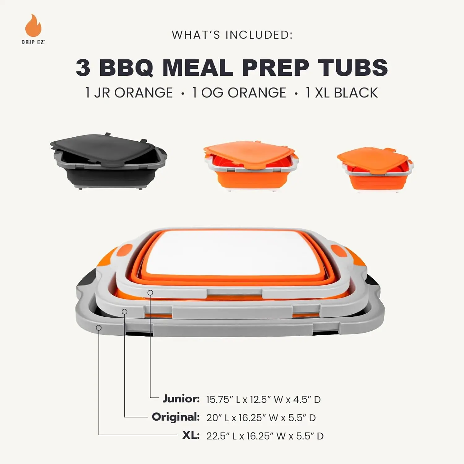 Drip EZ Collapsible BBQ Prep Tubs 3-Piece Set (V2)-For Meal Prep Marinating Food Storage-Includes Cutting Board & Lid (1)