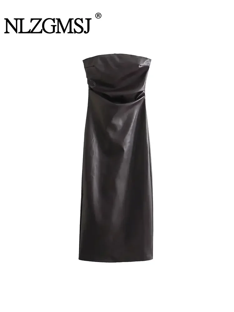 

Nlzgmsj TRAF Faux Leather Dress Woman Bodycon Long Dresses For Women Sexy Backless Midi Dresses 2023 Party Dress