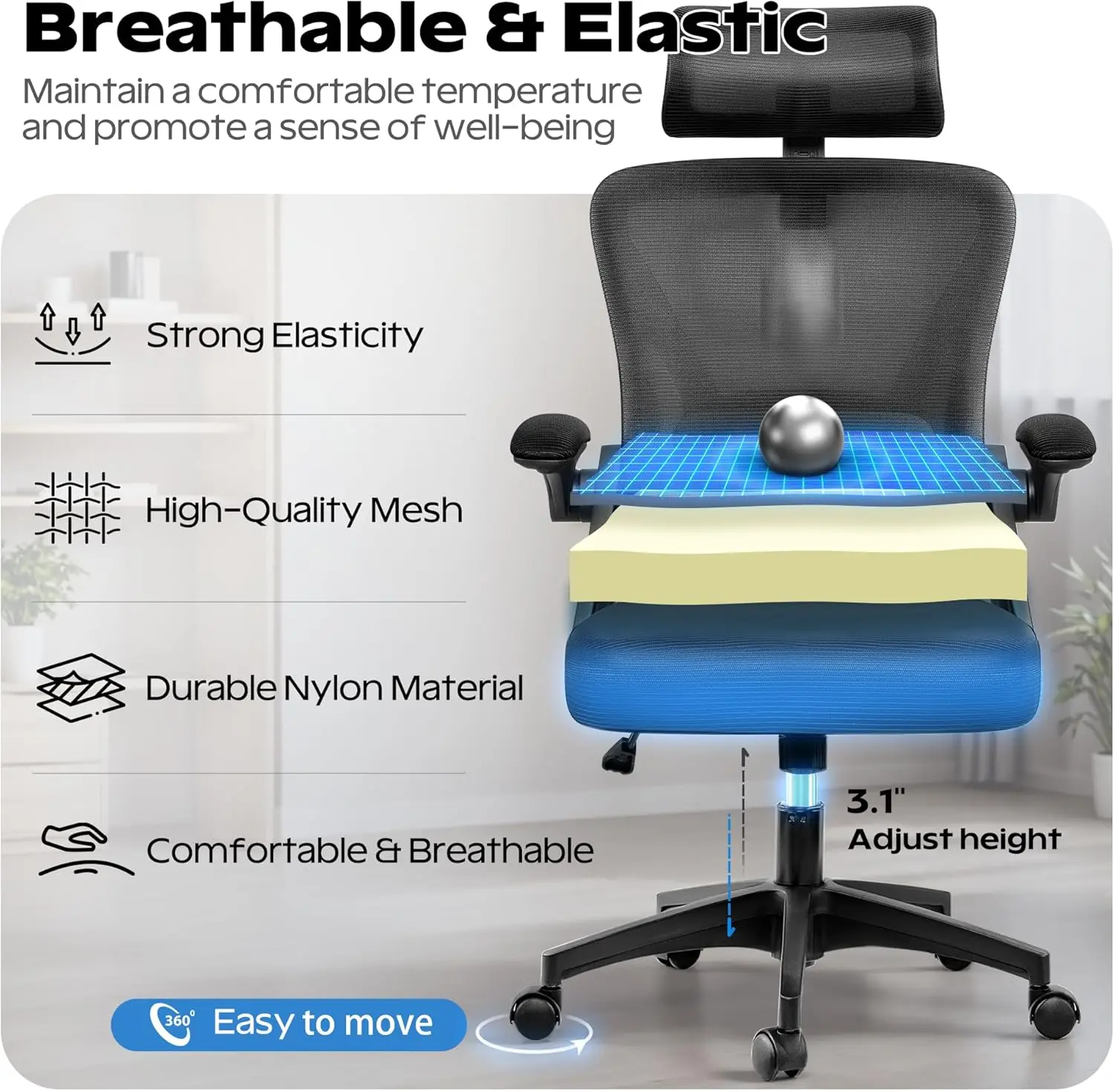 Ergonomic Office Chair, Home Office Desk with Headrest, High Back Mesh Chair with Flip-up Armrests, Offices Chairs 6