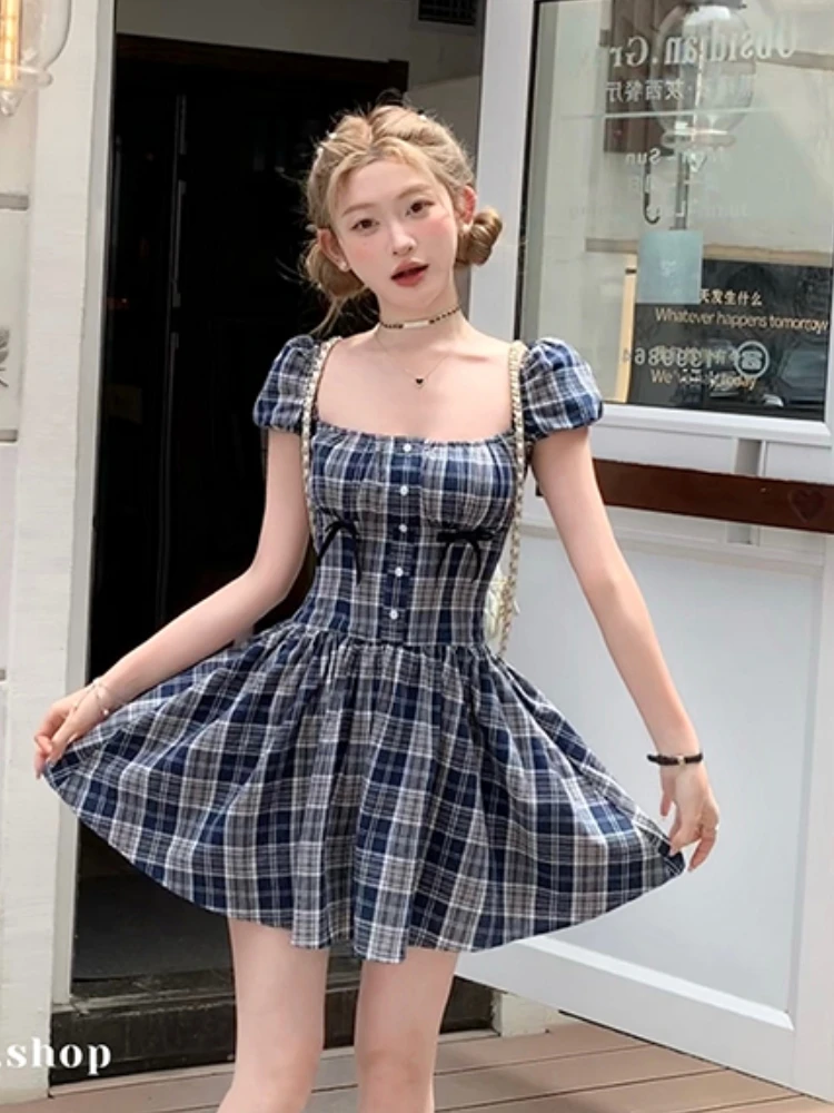 Y2K Plaid Short Dresses for Women Princess Birthday Party Dress Puff Sleeve Square Collar Bow Prom Summer Mini Vestidos Mujer