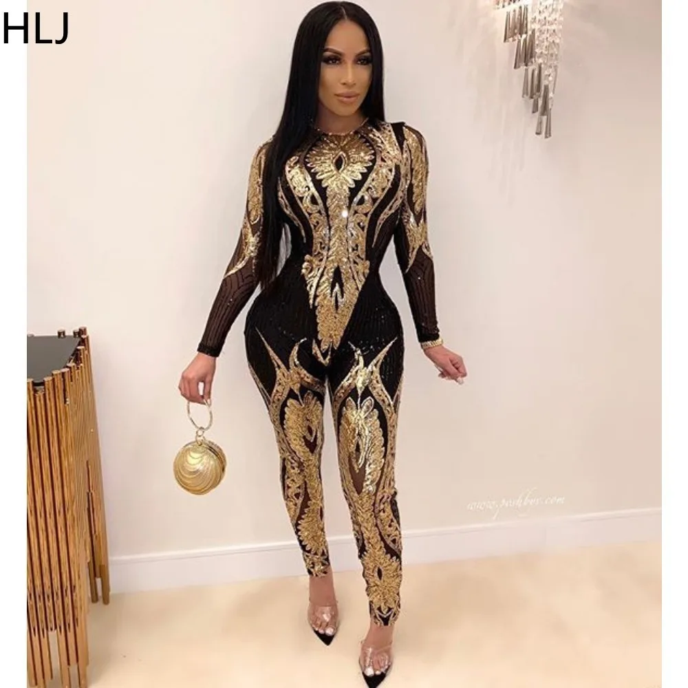 

HLJ Vintage Sequined Mesh Perspective Jumpsuits Women Round Neck Long Sleeve Skinny Pants Playsuit Sexy Party Nightclub Overalls