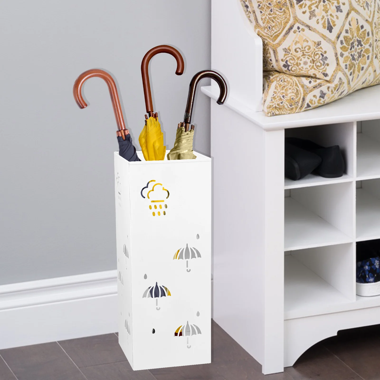 Square Umbrella Stand Rack Metal Durable Stable Holder Multipurpose Storage Container Holds 4-8 Umbrellas for Home Office Decor