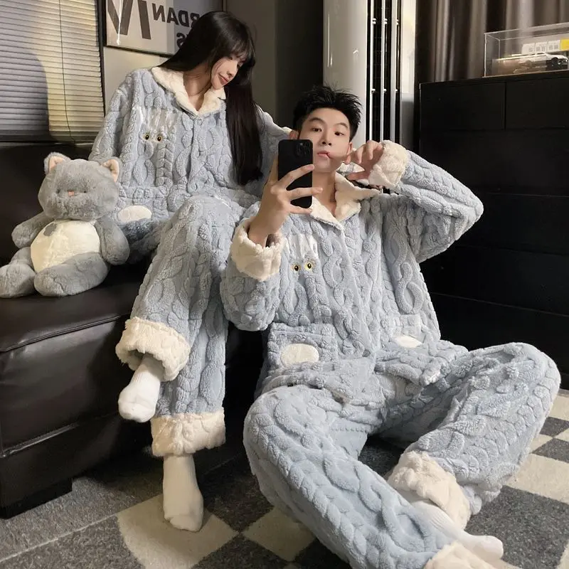 Couple Pajamas for Men Fleece Winter Sleepwear Korean Sleeping Night Wear Patchwork Pijama 2 Pcs Pant Sets Warm Pocket Home Suit