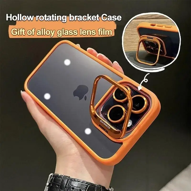 Luxury Bracket Transparent Phone Case For iPhone 15 16 14 13 Pro Max 16 Plus With Holder Camera Lens Protector Shockproof Cover
