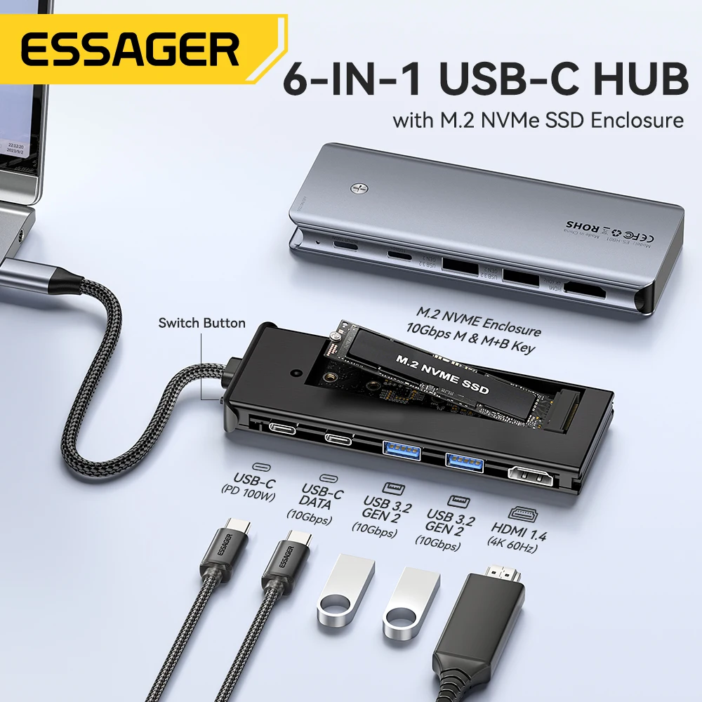 USB Hub Adapter Type C Docking Station USB Hub Converter Docking Station Essager 6-IN-1 USB C HUB USB C Docking Station Hard Disk Enclosure M.2 NVMe SSD Type-C to HDMI Adapter Macbook Pro